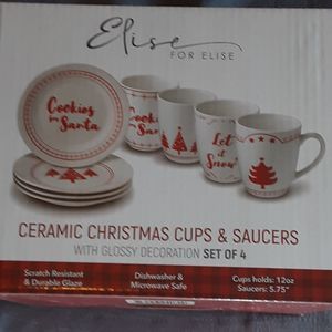 Elise for Elise Set of 4 Ceramic Christmas Cups & Saucers Red Glossy 2559